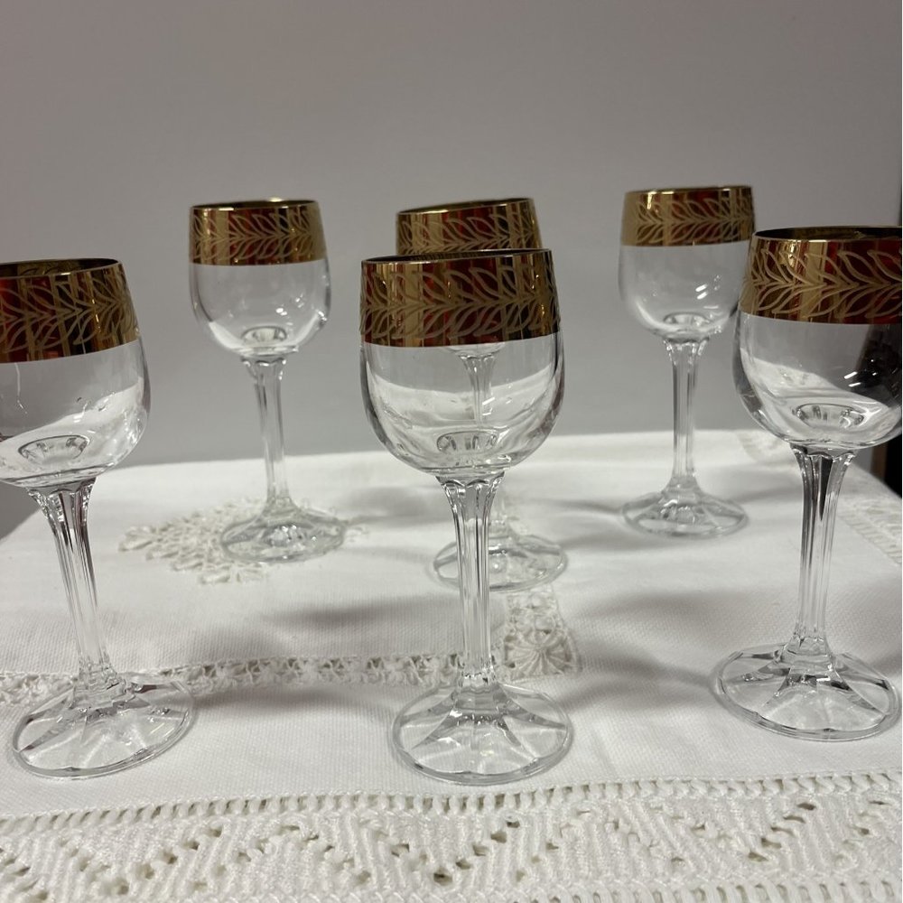 Set Of 6 Vintage Gold Encrusted Cordial Glasses Wide Gold Rim - Unique / Rare